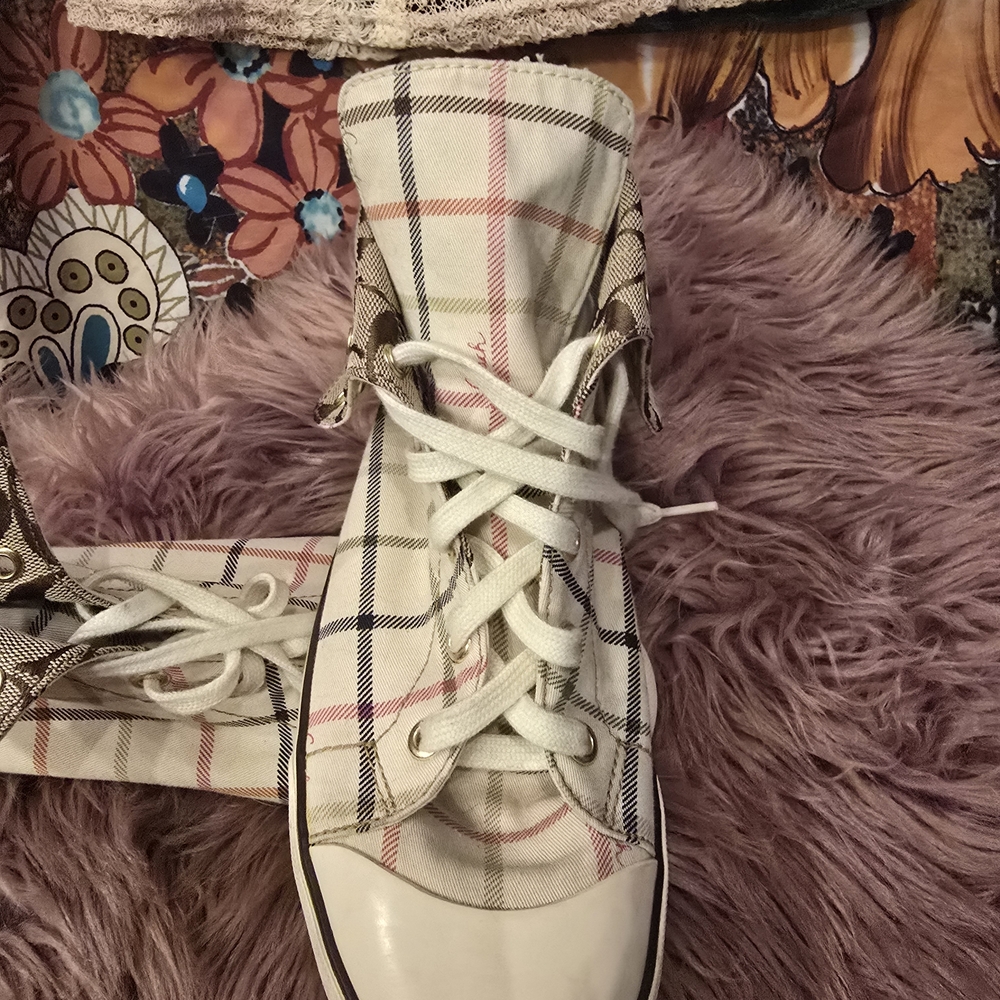Coach Women's Plaid High-Top Sneakers - Cream and Brown - Picture 5 of 13